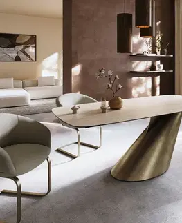 Jedálenské stoly DELIFE Jedálenský stôl Edge zaoblený tvar 200x100 keramika Laminam® Travertino Bianco krémovo bielo Cono metalická zlatá