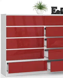 Komody a skrinky Moderná, široká a vysoká komoda, FREEZ160, biela / červený lesk