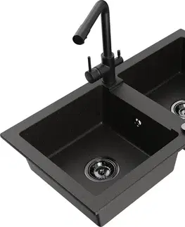 Kuchynské drezy MEXEN/S MEXEN/S - Mario granitový drez 2-bowl vrátane batérie Duero, čierna/zlatá metalik 6504-75-671600-70-B