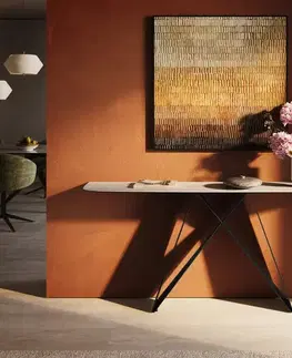 Konzolové stolíky DELIFE Konzolový stolík Edge zaoblený 180×40 cm keramika Laminam® Travertino Bianco krémovo biela Velio kov čierna