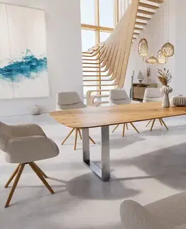 Jedálenské stoly DELIFE Jedálenský stôl Edge oválny 300x120x2,5-3 dub prírodný nerezová oceľ úzky švajčiarska hrana