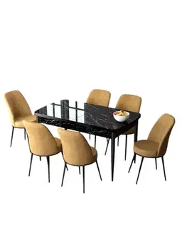 Jedálenské sety Extendable Dining Table & Chairs Set (7 Pieces) Zen - Black Marble, Cappuccino