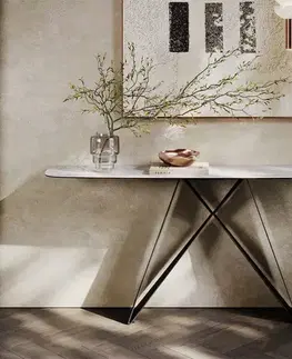 Konzolové stolíky DELIFE Konzolový stolík Edge zaoblený 180×40 cm keramika Laminam® Statuarietto biela Velio kov čierna