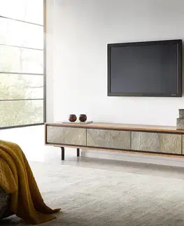 Televízne stolíky DELIFE TV stolík Juwelo 220 cm akácia prírodná s kamennou dyhou 4 dvierka