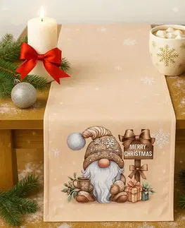 Obrusy Vianočný obrus Škriatok hnedý 40x170cm TiaHome