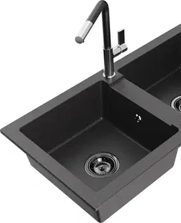 Kuchynské drezy MEXEN/S MEXEN/S - Mario granitový drez 2-bowl vrátane batérie Flora, čierna kropenatá 6504-76-670401-07-B