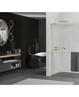 Sprchové dvere MEXEN/S - Kioto+ L Sprchová zástena WALK-IN s poličkou a držiakom uterákov 70 x 200, prúžky, zlatá kartáčovaná 800-070-123-55-09