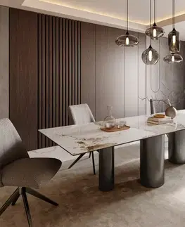 Jedálenské stoly DELIFE Jedálenský stôl Edge 300x100 keramika Minas melange bielo-béžová pilier nerezová oceľ grafitová