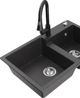 Kuchynské drezy MEXEN/S MEXEN/S - Tomas granitový drez 2-bowl vrátane batérie Elia, čierna kropenatá 6516-76-670101-70