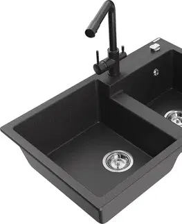 Kuchynské drezy MEXEN/S MEXEN/S - Tomas granitový drez 2-bowl vrátane batérie Duero, čierna kropenatá 6516-76-671600-76