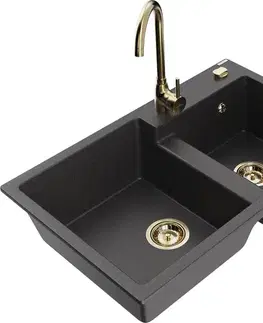 Kuchynské drezy MEXEN/S MEXEN/S - Tomas granitový drez 2-bowl vrátane batérie Telma, čierna kropenatá 6516-76-670200-50
