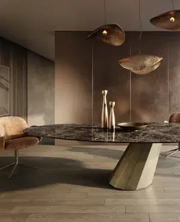 Jedálenské stoly DELIFE Jedálenský stôl Edge oválny 315×150 cm keramika emperador extra lucidato tmavohnedá parabolický metalická zlatá