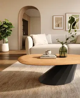 Konferenčné stolíky DELIFE Konferenčný stolík Edge oválny 140x75 cm dub prírodný zaoblená hrana Parabi kov čierna