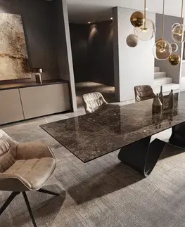 Jedálenské stoly DELIFE Jedálenský stôl Edge 200-300x100 keramika Laminam® Emperador Extra Lucidato tmavohnedá podstava v tvare W čierna rozkladací