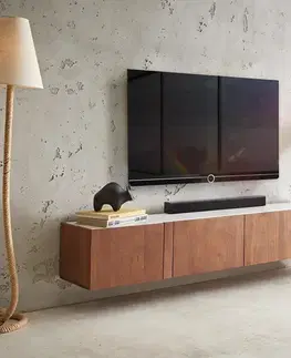 Televízne stolíky DELIFE TV stolík Secara 200 cm akácia hnedá 4 dvierka mramor závesný
