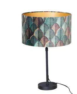 Stolné lampy Stolová lampa čierna s plyšovým tienidlom s dizajnom listov a zlatým vnútorným priestorom - Parte