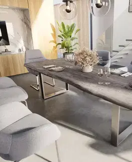 Jedálenské stoly DELIFE Jedálenský stôl Edge 260×100 XL akácia platinová nerezová oceľ úzky Live-Edge
