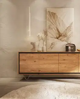 Komody DELIFE Komoda Stonegrace 200 cm dub prírodná 4 dvierka kamenná dyha podstava v tvare V nerezová oceľ