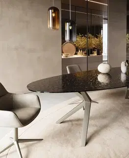 Jedálenské stoly DELIFE Jedálenský stôl Edge oválny 280x130 reliéfne sklo dymovo čierna 3D dizajn Zenthara hranatý kov titánová farba