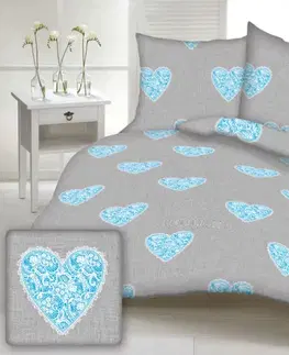 Obliečky Obliečky bavlnené Love modré TiaHome - 1x Vankúš 90x70cm, 1x Paplón 140x200cm