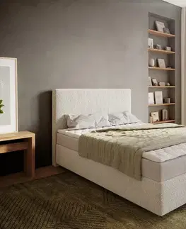 Postele Boxspring DELIFE Boxspring posteľ Dream-Well 140×200 cm bouclé krémovo biela s matracom a topperom