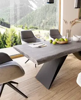 Jedálenské stoly DELIFE Jedálenský stôl Edge 220x100 XL akácia platinová podstava v tvare V plochá oceľ čierna Live-Edge