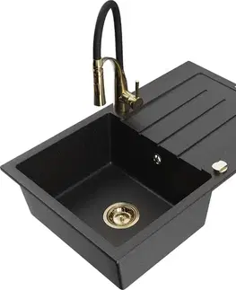 Kuchynské drezy MEXEN/S MEXEN/S - Bruno granitový drez s odkvapkávačom vrátane batérie Aster, čierna/strieborná metalík 6513-73-73450-57-G