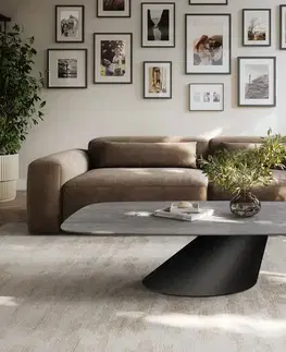 Konferenčné stolíky DELIFE Konferenčný stolík Edge zaoblený 140×80 cm keramika betón sivá Conis kov čierna