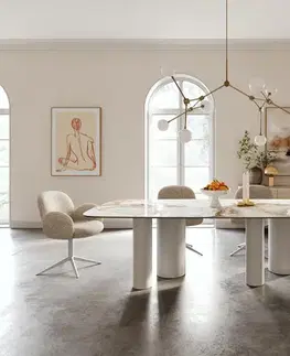 Jedálenské stoly DELIFE Jedálenský stôl Edge zaoblený tvar 240×120 cm keramika Minas Melange bielo-béžová pilier kov biela
