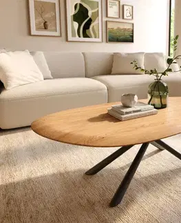 Konferenčné stolíky DELIFE Konferenčný stolík Edge oválny 140x75 cm dub prírodný okrúhla hrana Sarity kov čierna