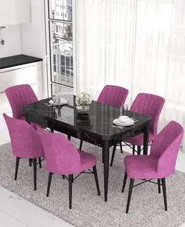 Jedálenské sety Extendable Dining Table & Chairs Set (7 Pieces) Eva - Black Marble, Purple