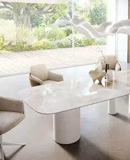 Jedálenské stoly DELIFE Jedálenský stôl Edge zaoblený tvar 270×120 cm keramika Iris FMG Onice Grigio Troa kov biela