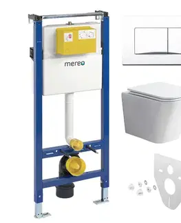 Záchody Mereo WC set - Rimless WC hranaté, modul pre sadrokartón, biele hranaté tlačidlo MM02NSETRS320