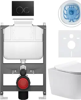 Záchody CERANO - Kompletný WC set Basic/Felci - biela lesklá - WC tlačidlo Dualo/Čierna - ovládanie zhora - predstenová inštalácia - 53x37 CER-8050BD86065
