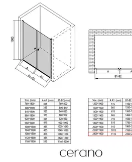 Sprchovacie kúty CERANO - Sprchové 2-krídlové dvere Antelo L/P - 6 mm - čierna matná, transparentné sklo - 240x190 CER-482122