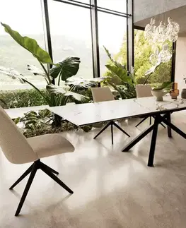 Jedálenské stoly DELIFE Jedálenský stôl Edge 200-300x100 keramika Calacatta Luxe bielo-zlato-šedá krížová podstava obdĺžnik čierny rozkladací