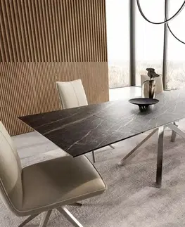 Jedálenské stoly DELIFE Jedálenský stôl Edge 200-300x100 keramika Laminam®Noir Desir hnedá krížová podstava obdĺžnik nerezová oceľ rozkladací