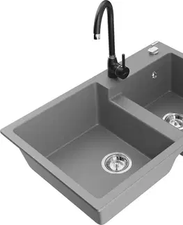 Kuchynské drezy MEXEN/S MEXEN/S - Tomas granitový drez 2-bowl vrátane batérie Telma, šedá 6516-71-670200-70