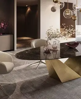 Jedálenské stoly DELIFE Jedálenský stôl Edge oválny 280x130 keramika Laminam® Emperador extra leštený tmavohnedá Prisma metalická zlatá