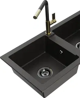 Kuchynské drezy MEXEN/S MEXEN/S - Mario granitový drez 2-bowl vrátane batérie Flora, čierna/zlatá metalik 6504-75-670401-57-B