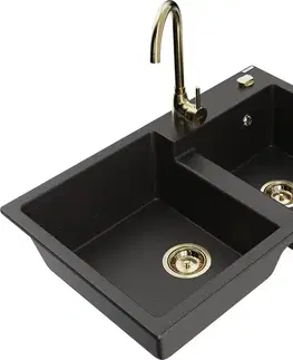 Kuchynské drezy MEXEN/S MEXEN/S - Tomas granitový drez 2-bowl vrátane batérie Telma, čierna/zlatá metalik 6516-75-670200-50