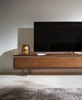 Televízne stolíky DELIFE TV stolík Stonegrace 200 cm akácia hnedá kamenná dyha 4 dvierka podstava v tvare V čierna