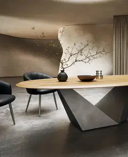 Jedálenské stoly DELIFE Jedálenský stôl Edge oválny 280x130x2,5 dub prírodný Prisma metalická strieborná Flow-Edge