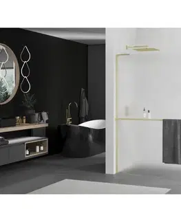 Sprchové dvere MEXEN/S - Kioto+ L Sprchová zástena WALK-IN s poličkou a držiakom uterákov 100 x 200, dekor, zlatá kartáčovaná 800-100-123-55-30