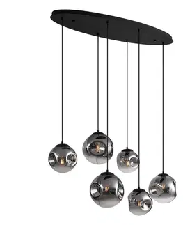 Závesné svietidlá Art Deco závesná lampa čierna s oválnou stropnou doskou a dymovým sklom 6-Lights - Douglass