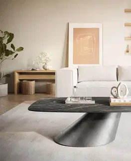 Konferenčné stolíky DELIFE Konferenčný stolík Edge zaoblený 120x70 cm keramika Laminam® Noir Desir hnedá Conis metalická strieborná