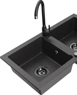 Kuchynské drezy MEXEN/S MEXEN/S - Mario granitový drez 2-bowl vrátane batérie Telma, čierna kropenatá 6504-76-670200-70-B