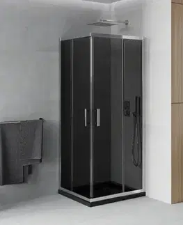 Vane MEXEN/S - Rio štvorcový sprchovací kút 80 x 80, grafit, chróm + vanička so sifónom Flat, čierny 860-080-080-01-40-4070