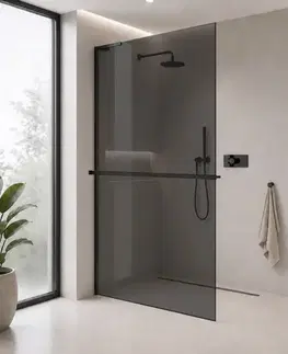 Sprchové dvere CERANO - Sprchová zástena Walk-in Onyx L-ľavá vzpera - 10 mm + polička/držiak na uteráky - čierna matná, grafitové sklo - 140x200 CER-8050BD73627