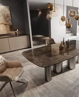 Jedálenské stoly DELIFE Jedálenský stôl Edge zaoblený tvar 240x120 keramika Laminam® Emperador Extra Lucidato tmavohnedá kovová podstava nerezová oceľ grafitová
